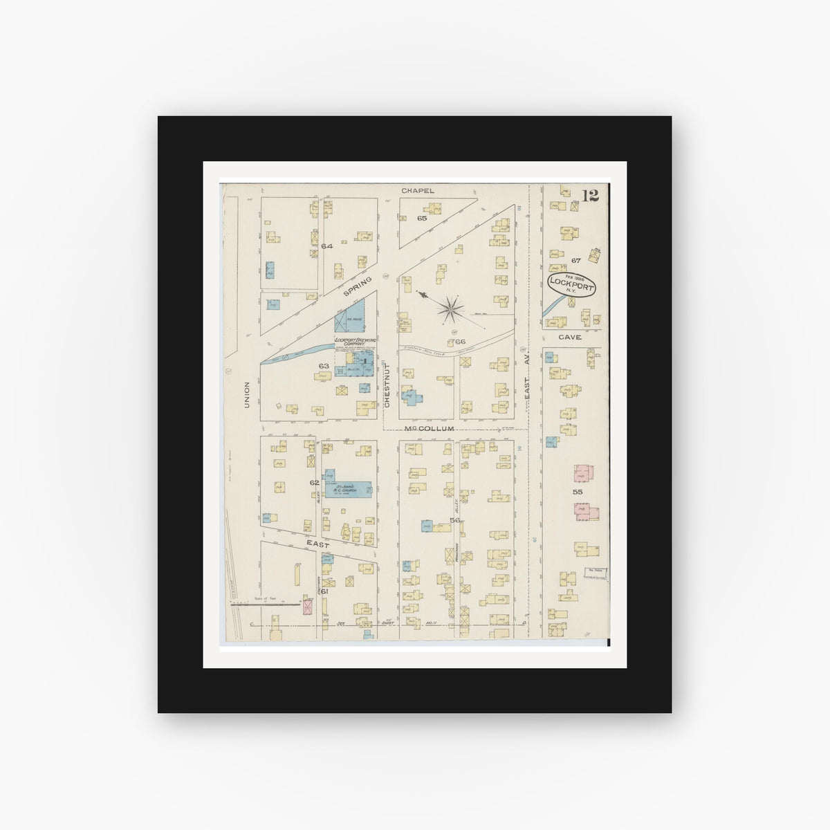 Old map wall art mockup — black gallery frame with white mat — Sanborn Fire Insurance Map from Lockport, Niagara County, New York (1886), Sheet #0011