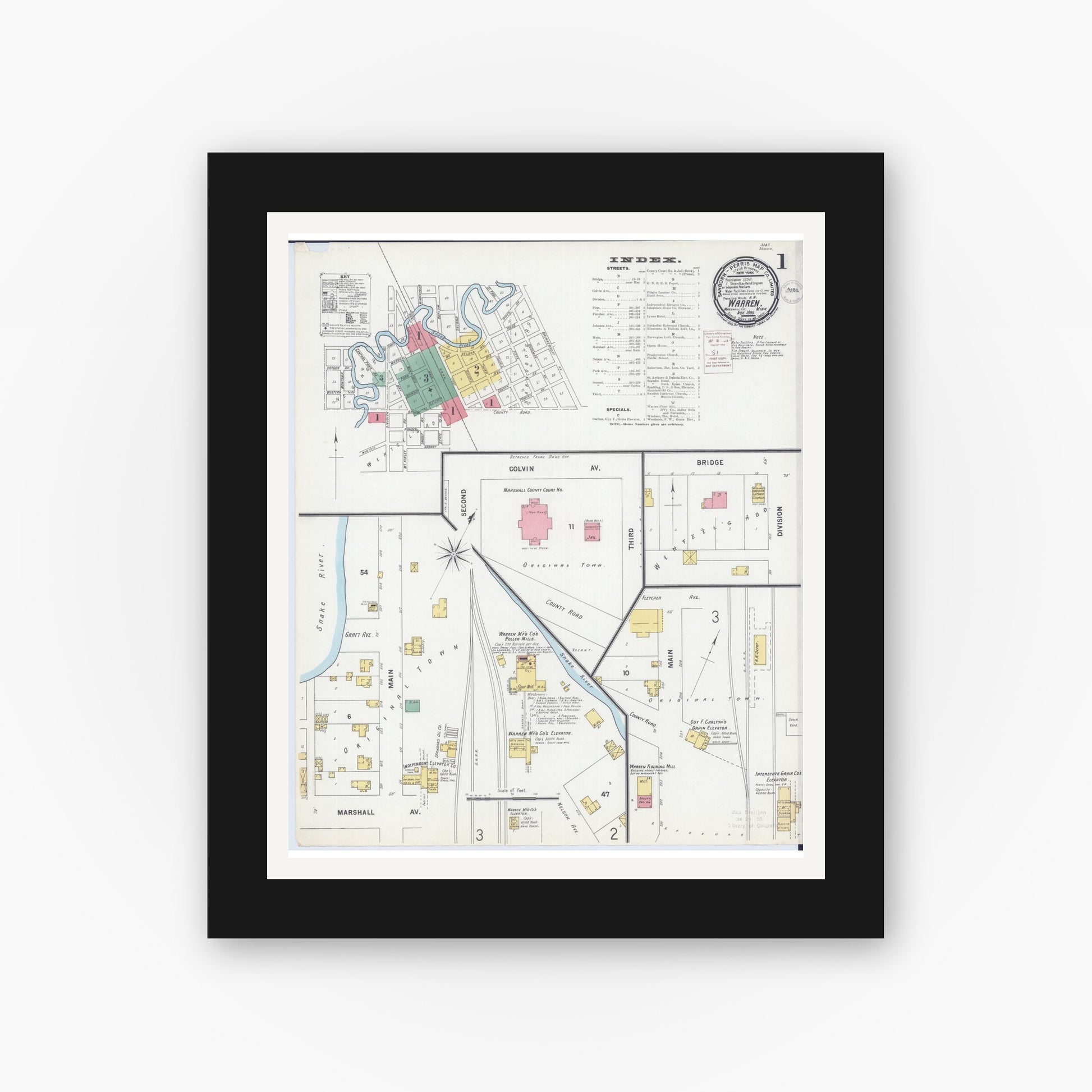 Old map wall art mockup — black gallery frame with white mat — Sanborn Fire Insurance Map from Warren, Marshall County, Minnesota (1899), Sheet #0001