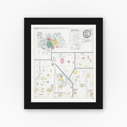 Old map wall art mockup — black gallery frame with white mat — Sanborn Fire Insurance Map from Warren, Marshall County, Minnesota (1899), Sheet #0001