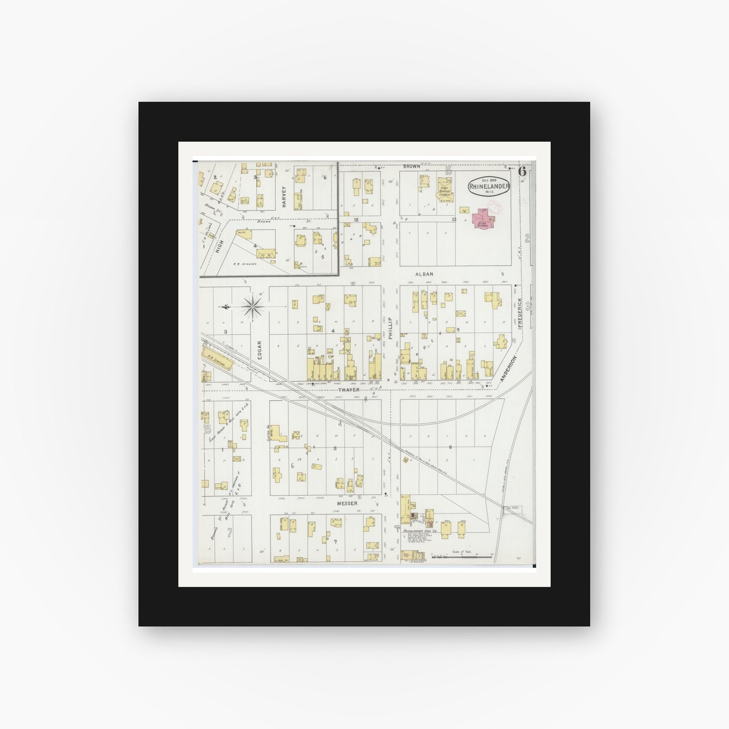 Old map wall art mockup — black gallery frame with white mat — Sanborn Fire Insurance Map from Rhinelander, Oneida County, Wisconsin (1894), Sheet #0006