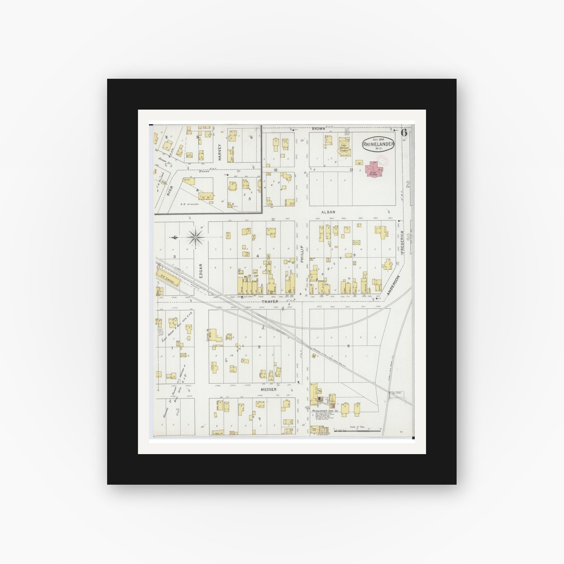 Old map wall art mockup — black gallery frame with white mat — Sanborn Fire Insurance Map from Rhinelander, Oneida County, Wisconsin (1894), Sheet #0006