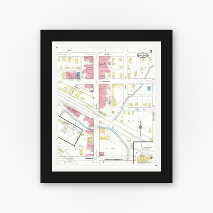 Old map wall art mockup — black gallery frame with white mat — Sanborn Fire Insurance Map from What Cheer, Keokuk County, Iowa (1916), Sheet #0003