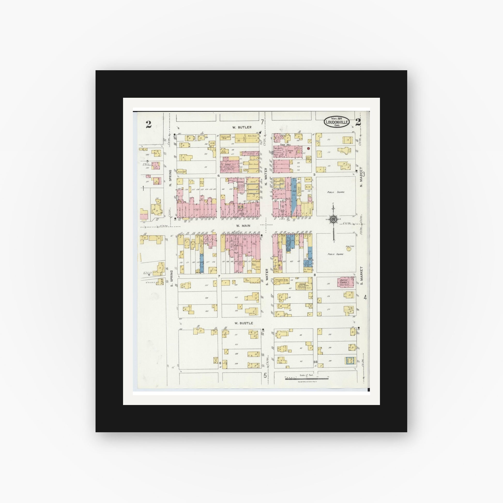 Old map wall art mockup — black gallery frame with white mat — Sanborn Fire Insurance Map from Loudonville, Ashland County, Ohio (1924), Sheet #0002