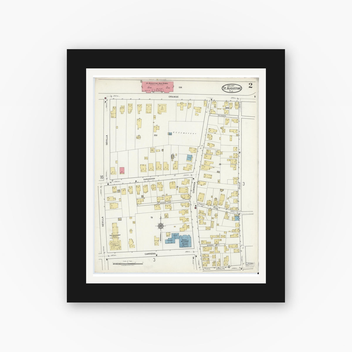 Old map wall art mockup — black gallery frame with white mat — Sanborn Fire Insurance Map from Saint Augustine, Saint John's County, Florida (1917), Sheet #0002