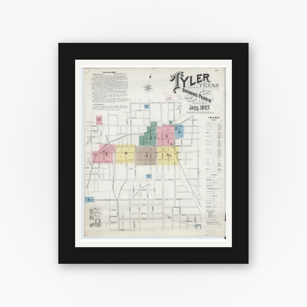Old map wall art mockup — black gallery frame with white mat — Sanborn Fire Insurance Map from Tyler, Smith County, Texas (1893), Sheet #0001