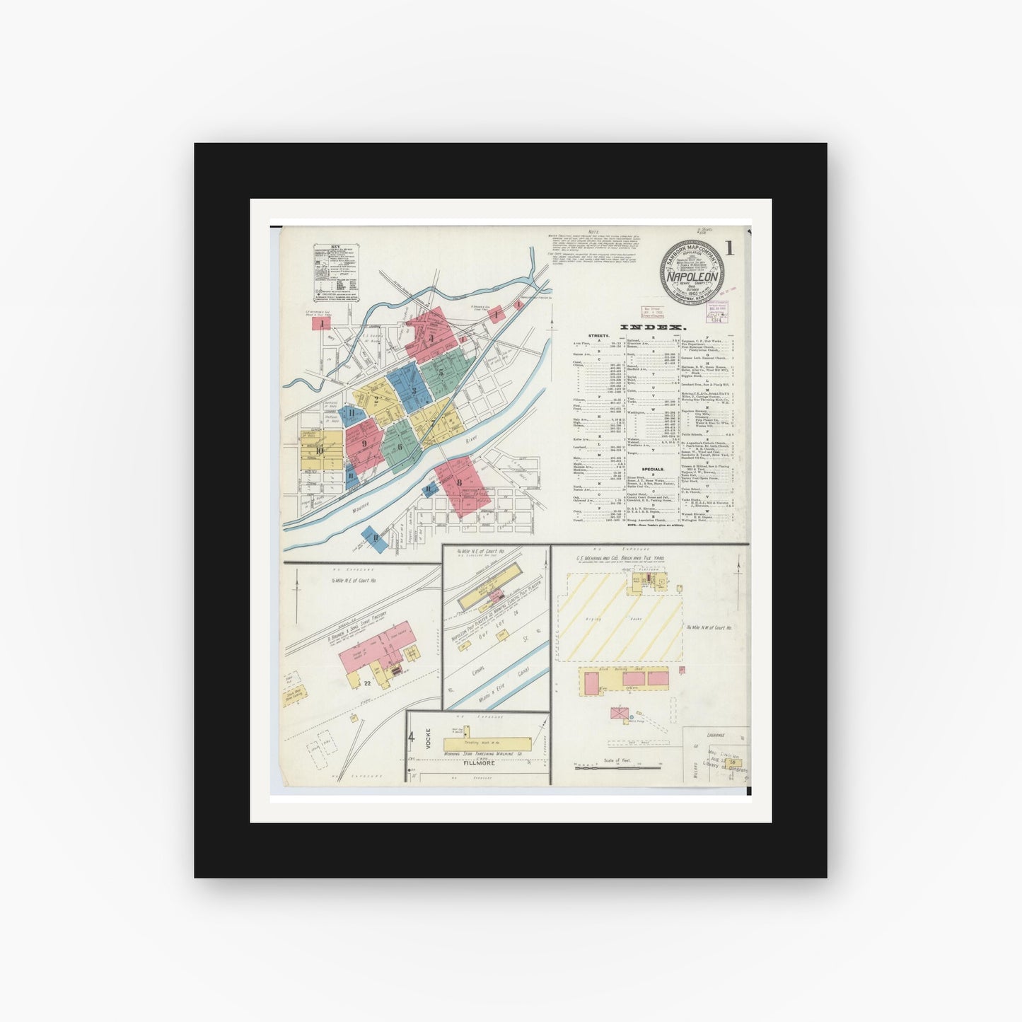 Old map wall art mockup — black gallery frame with white mat — Sanborn Fire Insurance Map from Napoleon, Henry County, Ohio (1905), Sheet #0001