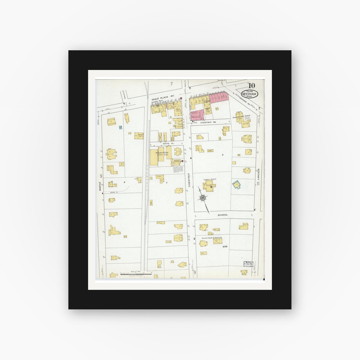 Old map wall art mockup — black gallery frame with white mat — Sanborn Fire Insurance Map from Needham, Norfolk County, Massachusetts (1919), Sheet #0010