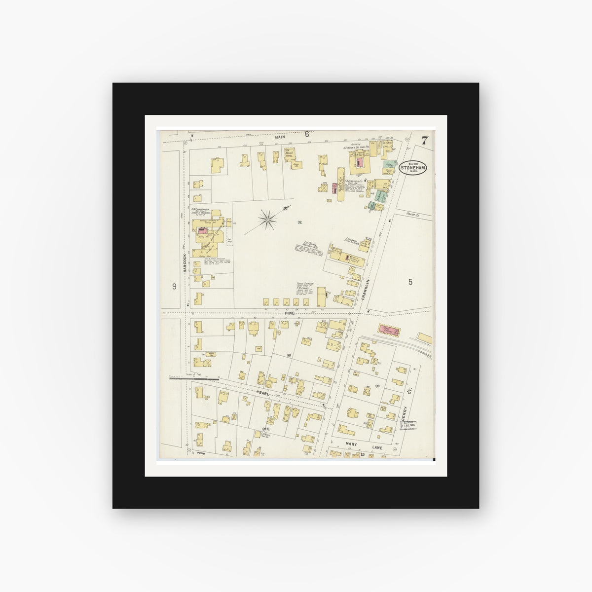 Old map wall art mockup — black gallery frame with white mat — Sanborn Fire Insurance Map from Stoneham, Middlesex County, Massachusetts (1897), Sheet #0007