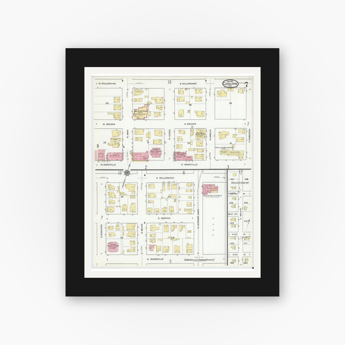 Old map wall art mockup — black gallery frame with white mat — Sanborn Fire Insurance Map from Cleburne, Johnson County, Texas (1918), Sheet #0007