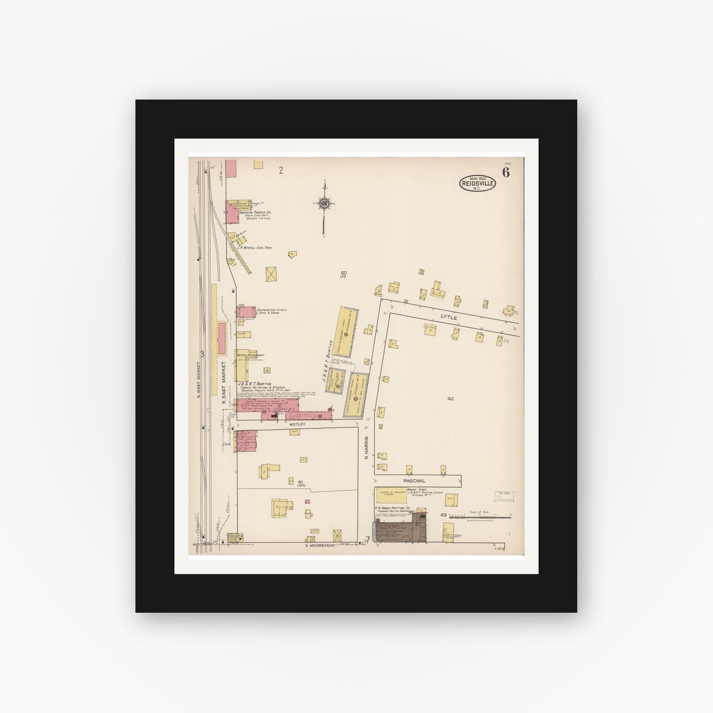 Old map wall art mockup — black gallery frame with white mat — Sanborn Fire Insurance Map from Reidsville, Rockingham County, North Carolina (1922), Sheet #0006