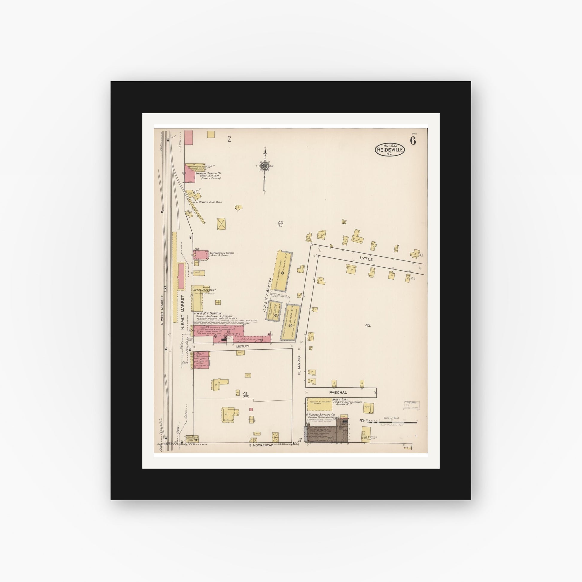 Old map wall art mockup — black gallery frame with white mat — Sanborn Fire Insurance Map from Reidsville, Rockingham County, North Carolina (1922), Sheet #0006