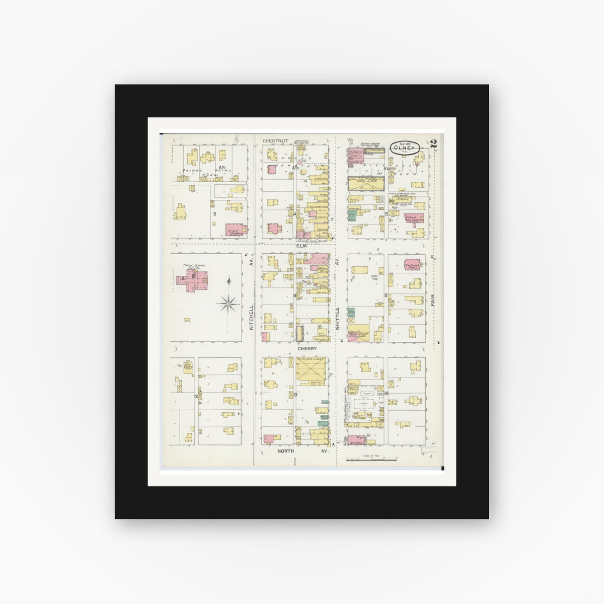 Old map wall art mockup — black gallery frame with white mat — Sanborn Fire Insurance Map from Olney, Richland County, Illinois (1892), Sheet #0002