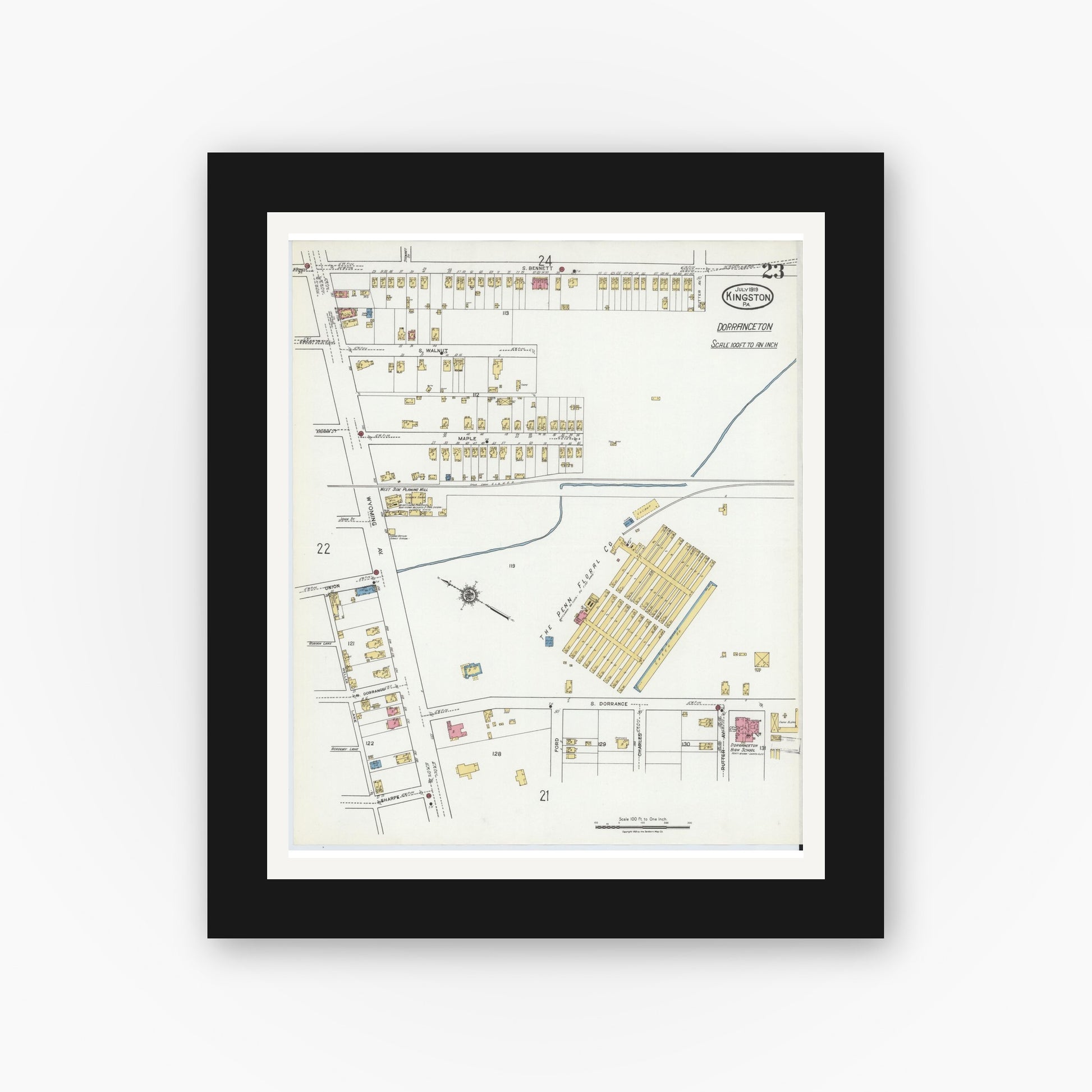 Old map wall art mockup — black gallery frame with white mat — Sanborn Fire Insurance Map from Kingston, Luzerne County, Pennsylvania (1919), Sheet #0023