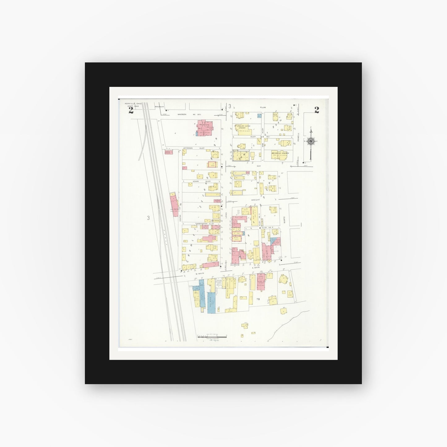 Old map wall art mockup — black gallery frame with white mat — Sanborn Fire Insurance Map from Ashville, Pickaway County, Ohio (1940), Sheet #0002