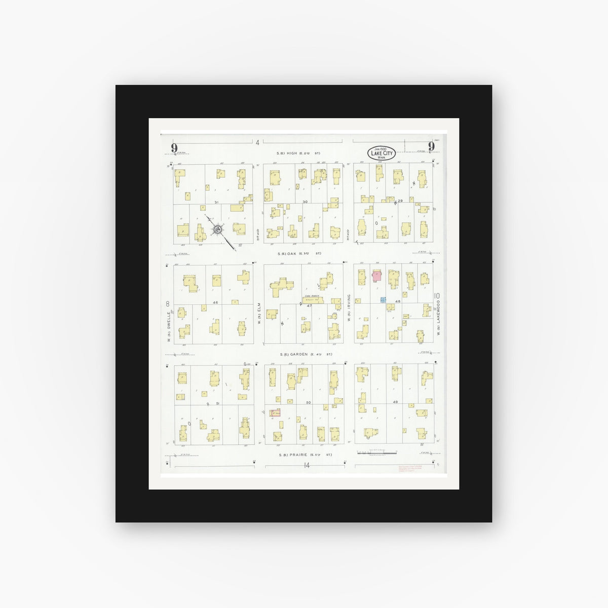 Old map wall art mockup — black gallery frame with white mat — Sanborn Fire Insurance Map from Lake City, Wabasha County, Minnesota (1930), Sheet #0009