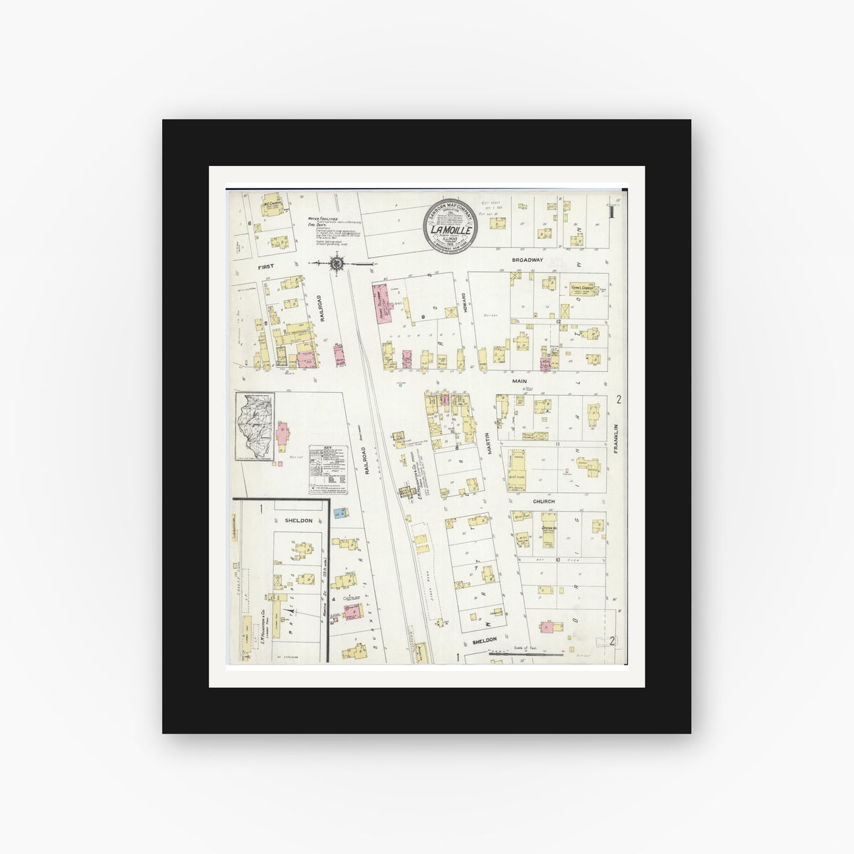 Old map wall art mockup — black gallery frame with white mat — Sanborn Fire Insurance Map from La Moille, Bureau County, Illinois (1913) - Complete Map Set