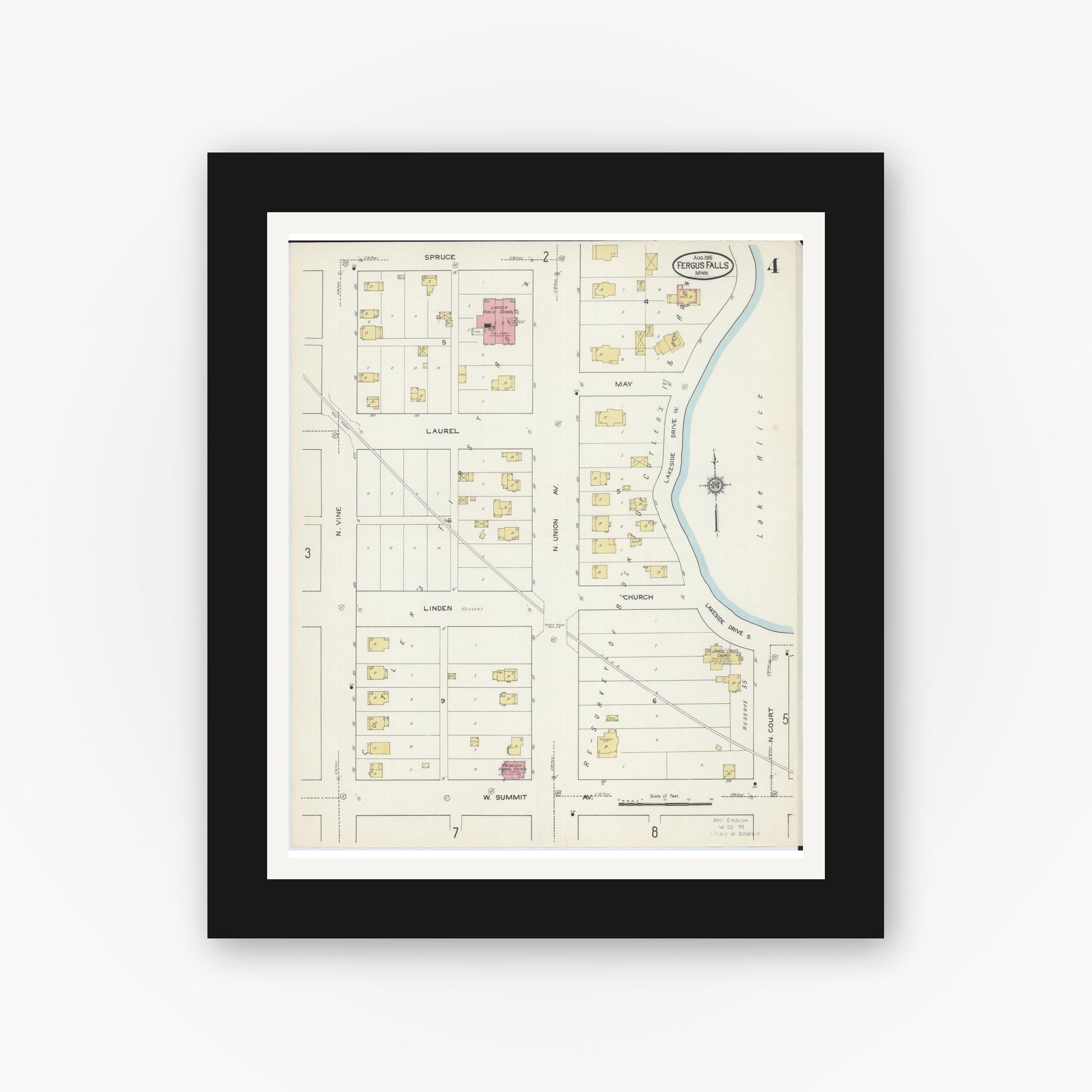 Old map wall art mockup — black gallery frame with white mat — Sanborn Fire Insurance Map from Fergus Falls, Otter Tail County, Minnesota (1915), Sheet #0004