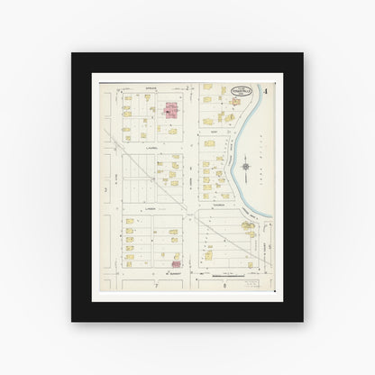 Old map wall art mockup — black gallery frame with white mat — Sanborn Fire Insurance Map from Fergus Falls, Otter Tail County, Minnesota (1915), Sheet #0004