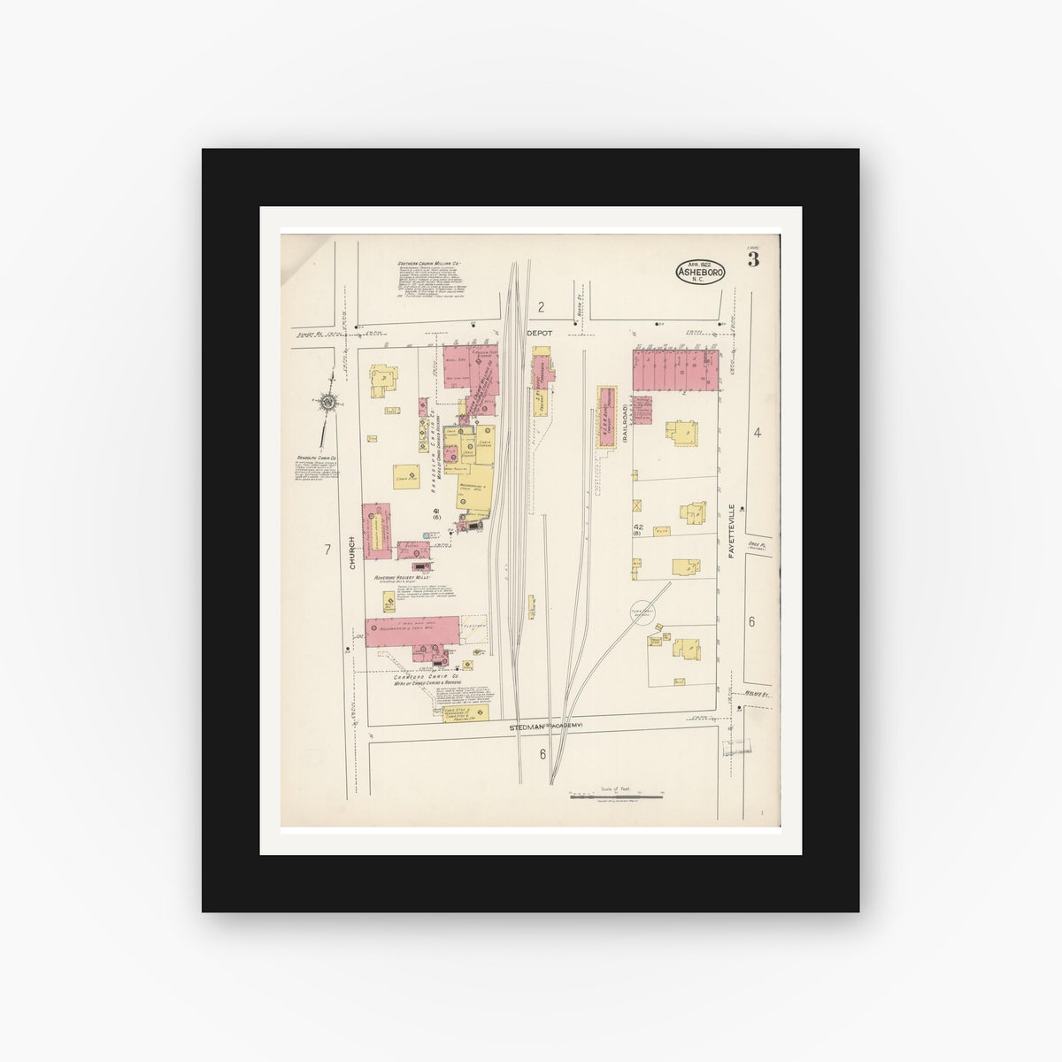 Old map wall art mockup — black gallery frame with white mat — Sanborn Fire Insurance Map from Asheboro, Randolph County, North Carolina (1922), Sheet #0003