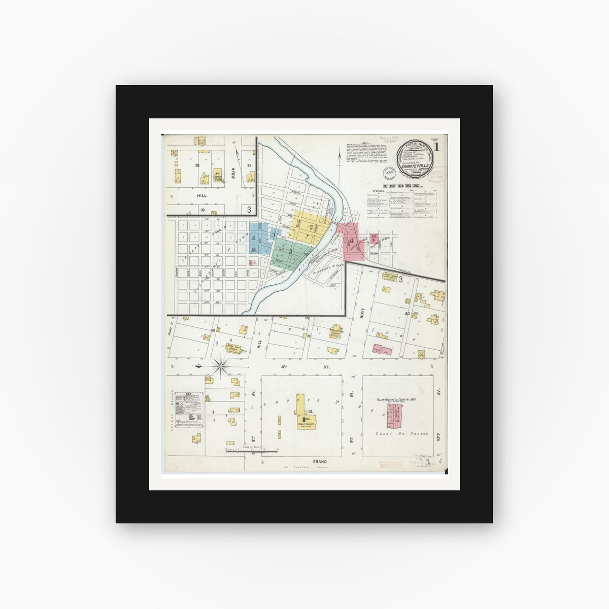Old map wall art mockup — black gallery frame with white mat — Sanborn Fire Insurance Map from Granite Falls, Yellow Medicine And Chippewa Counties, Minnesota (1899) - Complete Map Set