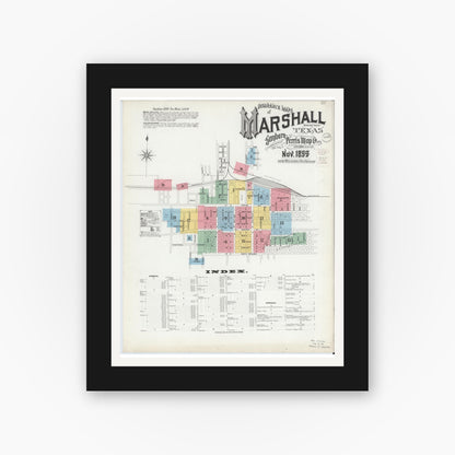 Old map wall art mockup — black gallery frame with white mat — Sanborn Fire Insurance Map from Marshall, Harrison County, Texas (1899) - Complete Map Set