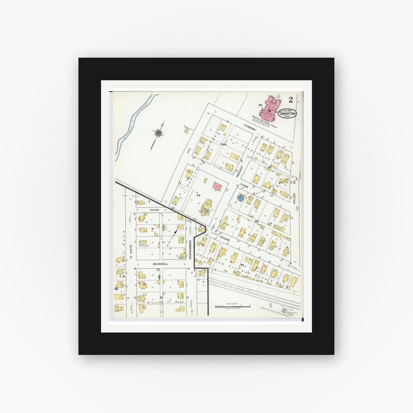 Old map wall art mockup — black gallery frame with white mat — Sanborn Fire Insurance Map from Swanton, Fulton County, Ohio (1920), Sheet #0002