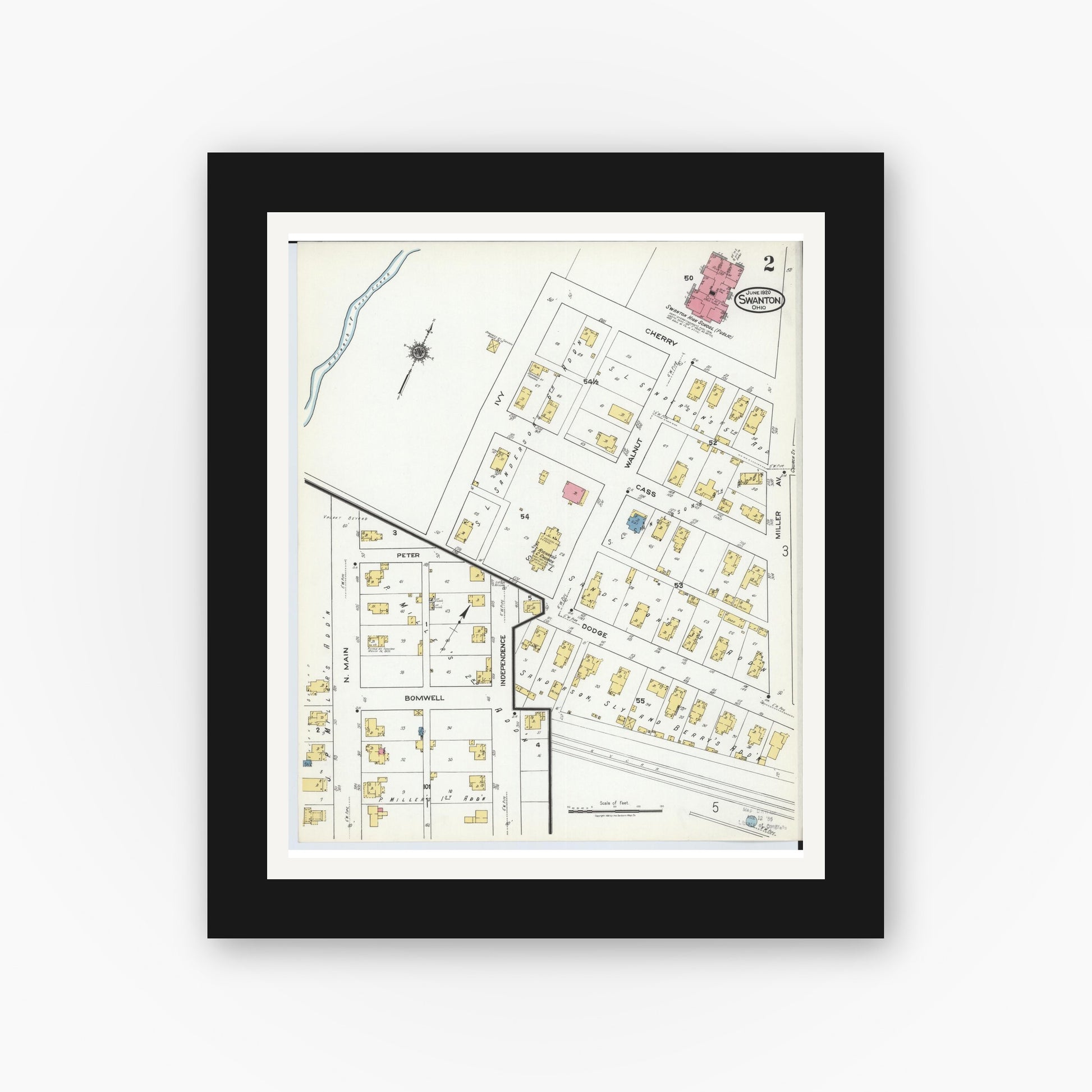 Old map wall art mockup — black gallery frame with white mat — Sanborn Fire Insurance Map from Swanton, Fulton County, Ohio (1920), Sheet #0002