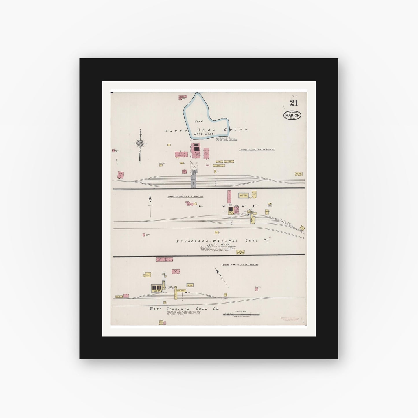 Old map wall art mockup — black gallery frame with white mat — Sanborn Fire Insurance Map from Marion, Williamson County, Illinois (1922), Sheet #0021
