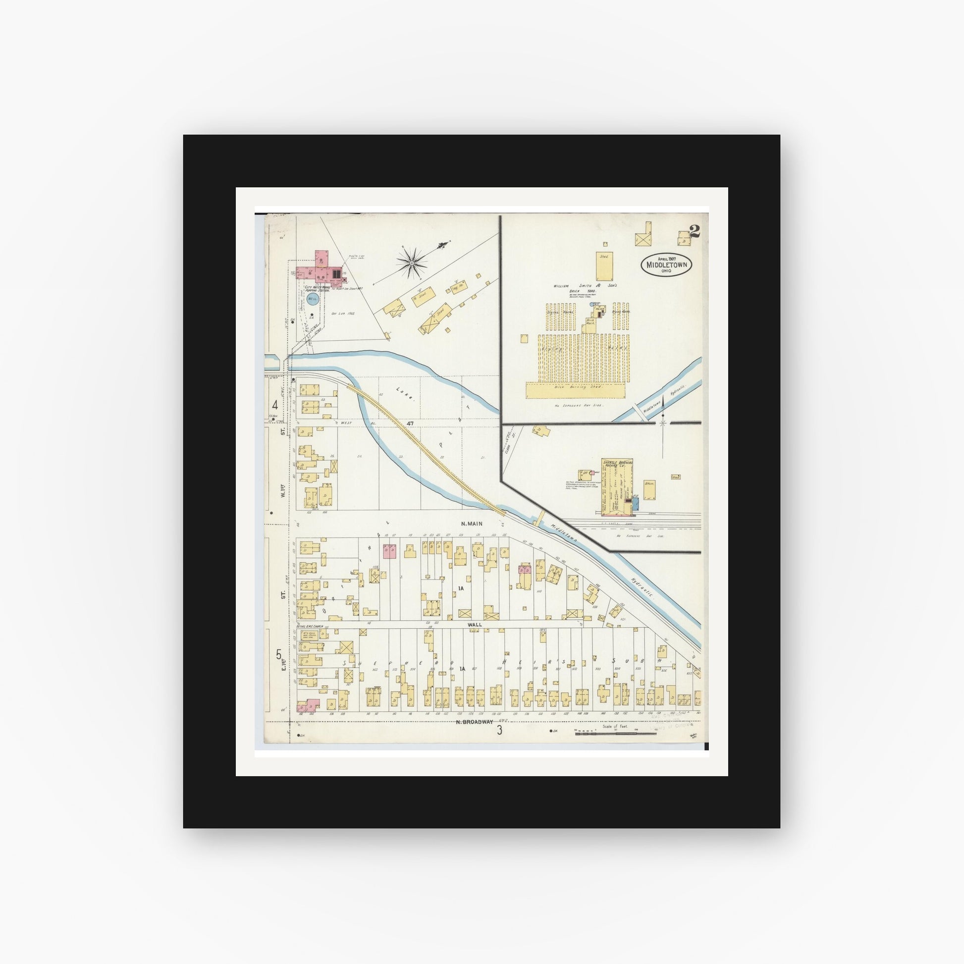 Old map wall art mockup — black gallery frame with white mat — Sanborn Fire Insurance Map from Middletown, Butler County, Ohio (1907), Sheet #0002