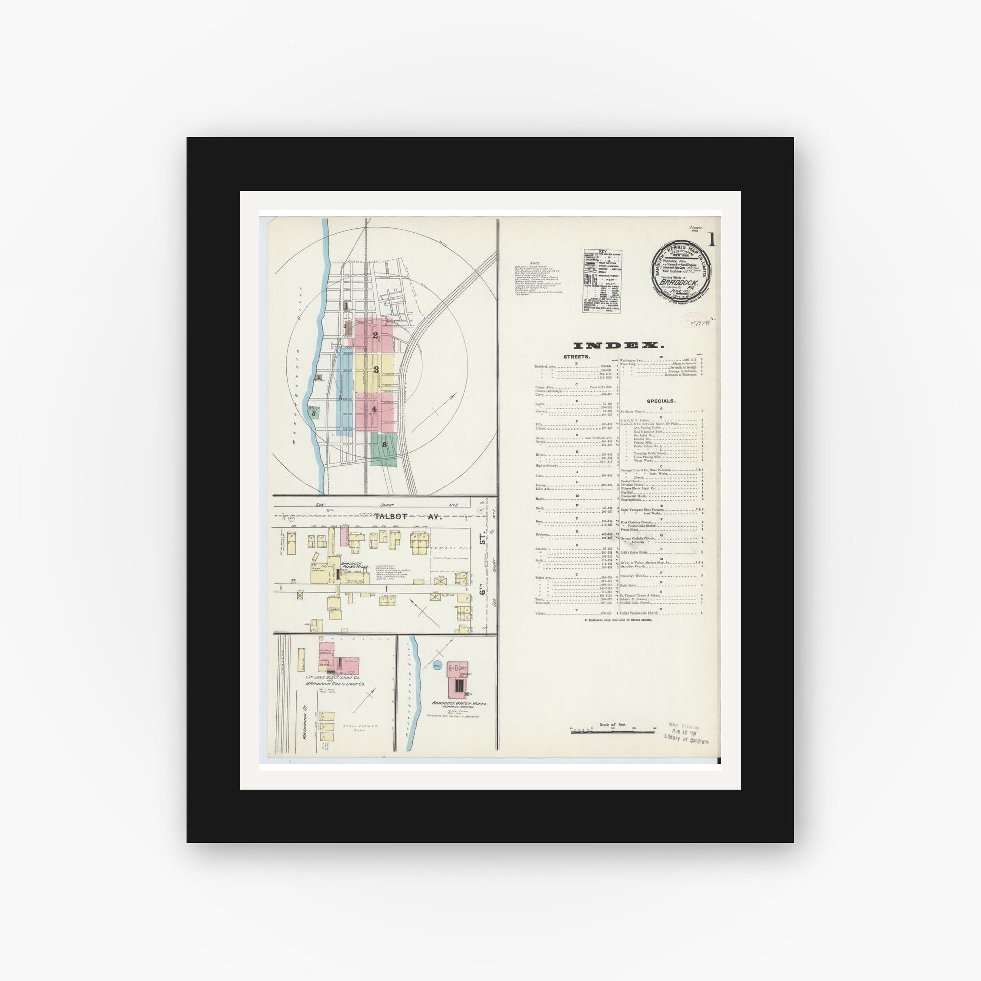 Old map wall art mockup — black gallery frame with white mat — Sanborn Fire Insurance Map from Braddock, Allegheny County, Pennsylvania (1891) - Complete Map Set