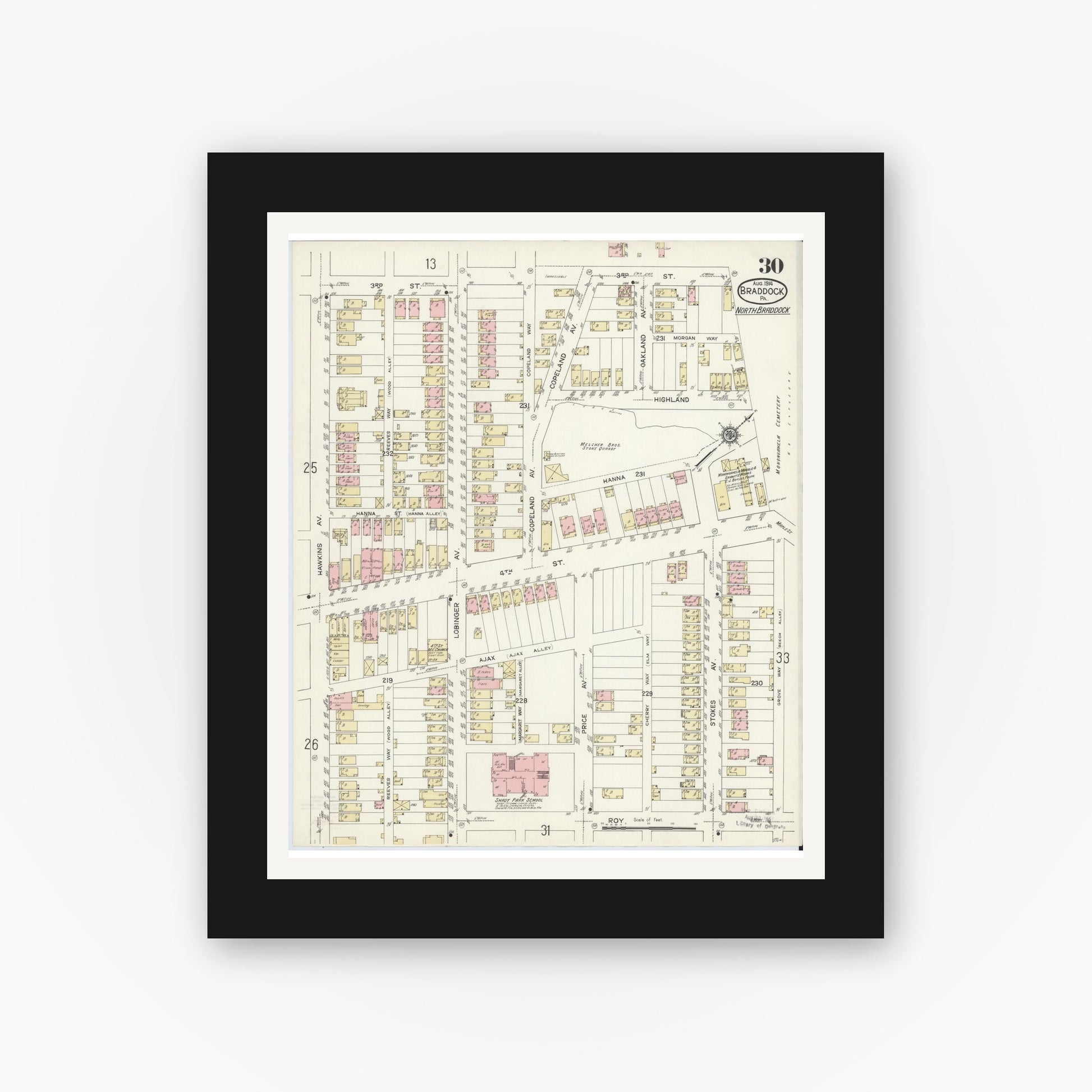 Old map wall art mockup — black gallery frame with white mat — Sanborn Fire Insurance Map from Braddock, Allegheny County, Pennsylvania (1914), Sheet #0030
