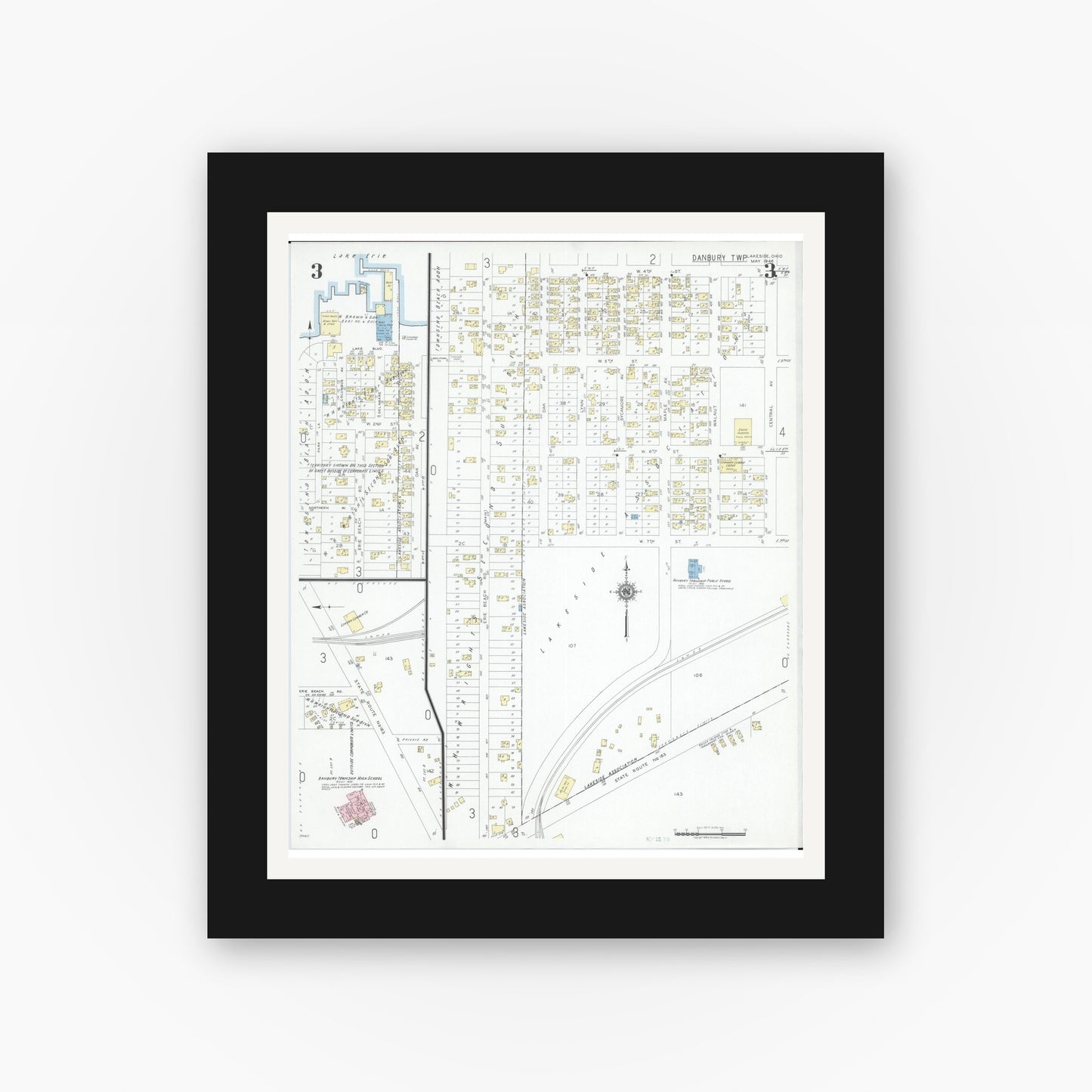 Old map wall art mockup — black gallery frame with white mat — Sanborn Fire Insurance Map from Lakeside, Ottawa County, Ohio (1946), Sheet #0003