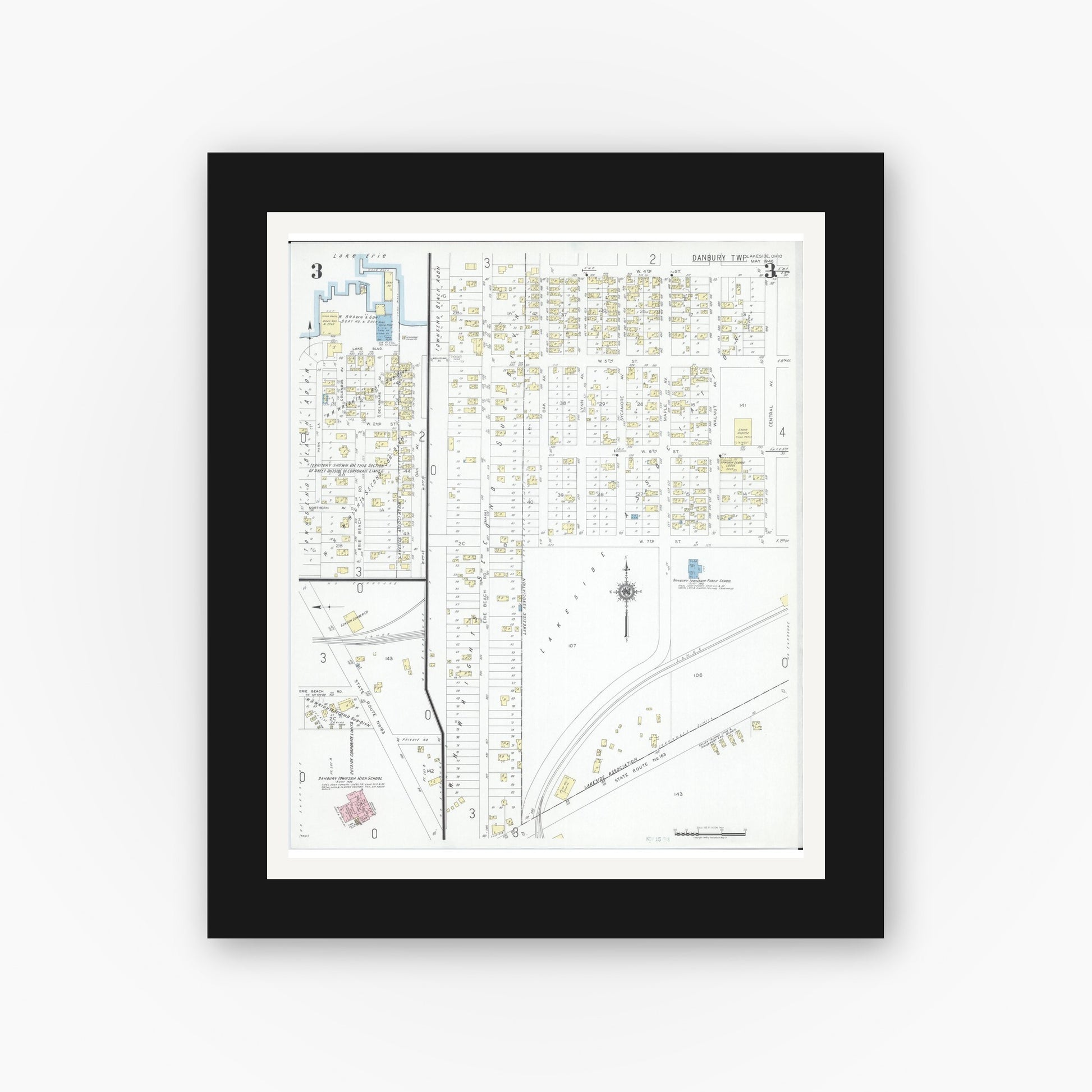 Old map wall art mockup — black gallery frame with white mat — Sanborn Fire Insurance Map from Lakeside, Ottawa County, Ohio (1946), Sheet #0003