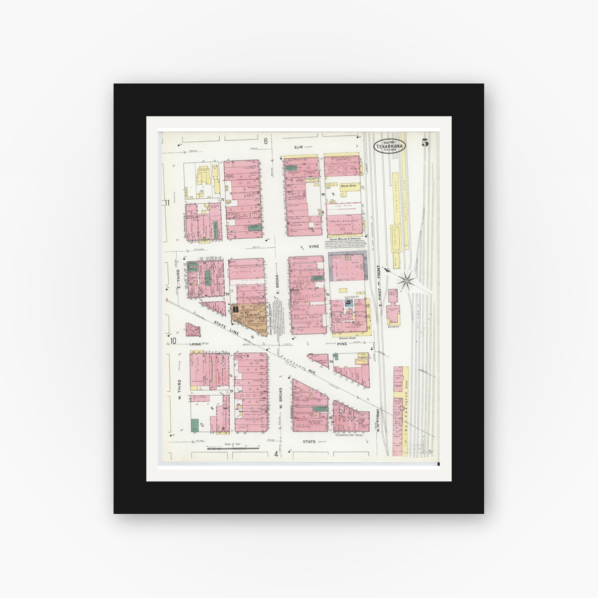 Old map wall art mockup — black gallery frame with white mat — Sanborn Fire Insurance Map from Texarkana, Bowie County, Texas (1909), Sheet #0005