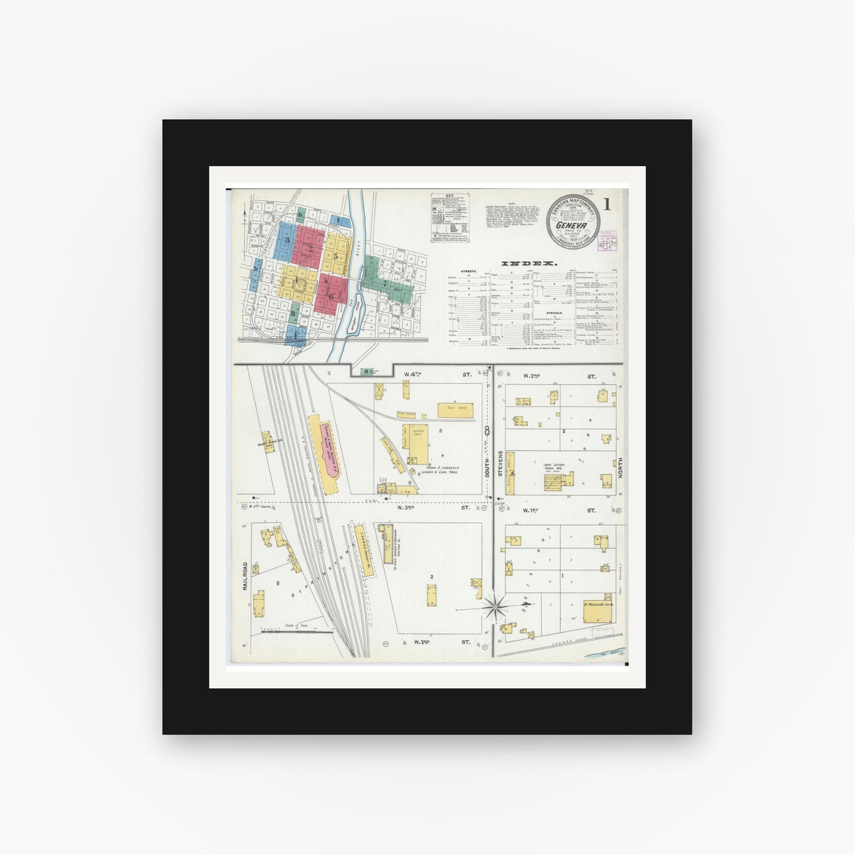 Old map wall art mockup — black gallery frame with white mat — Sanborn Fire Insurance Map from Geneva, Kane County, Illinois (1905), Sheet #0001