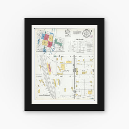 Old map wall art mockup — black gallery frame with white mat — Sanborn Fire Insurance Map from Geneva, Kane County, Illinois (1905), Sheet #0001