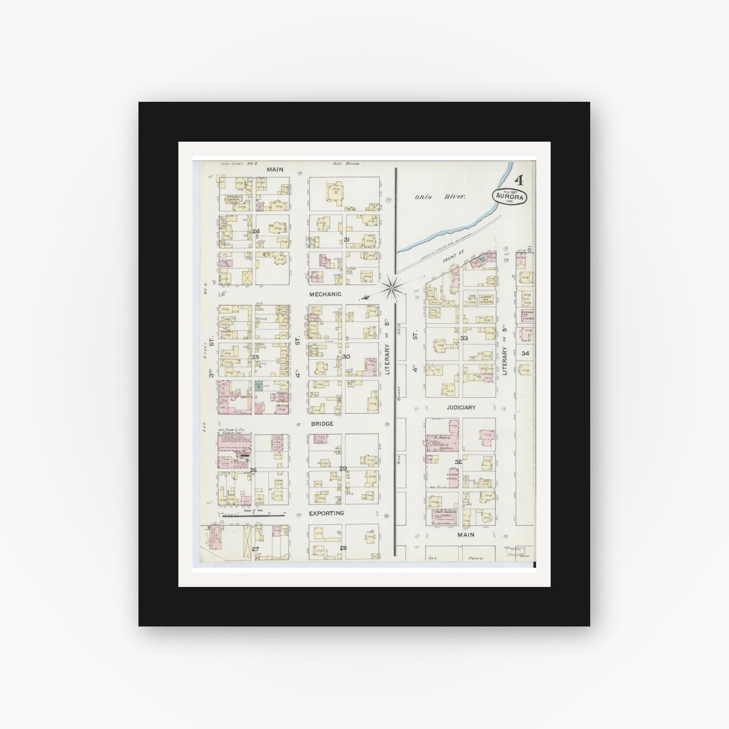 Old map wall art mockup — black gallery frame with white mat — Sanborn Fire Insurance Map from Aurora, Dearborn County, Indiana (1887), Sheet #0004