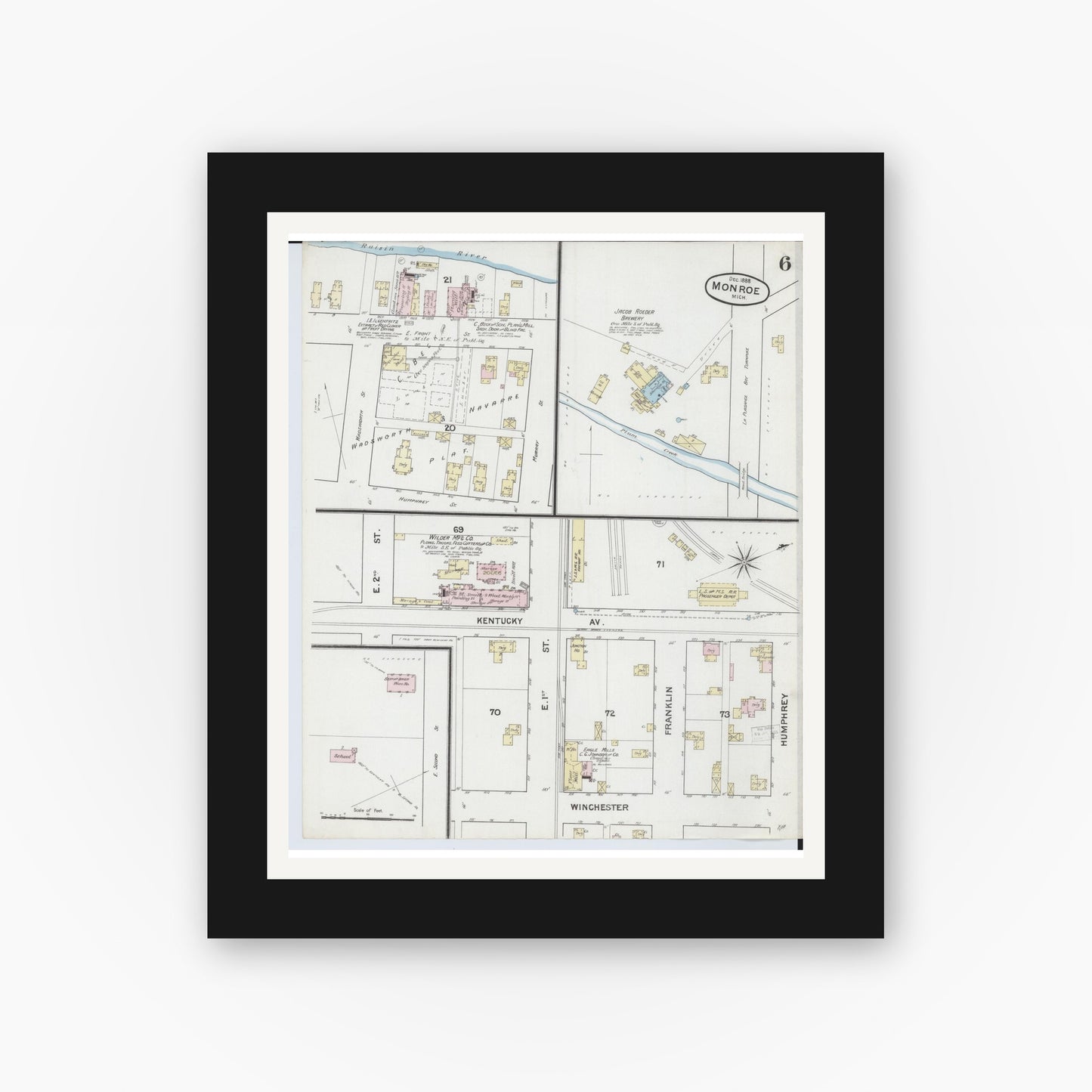 Old map wall art mockup — black gallery frame with white mat — Sanborn Fire Insurance Map from Monroe, Monroe County, Michigan (1888), Sheet #0006