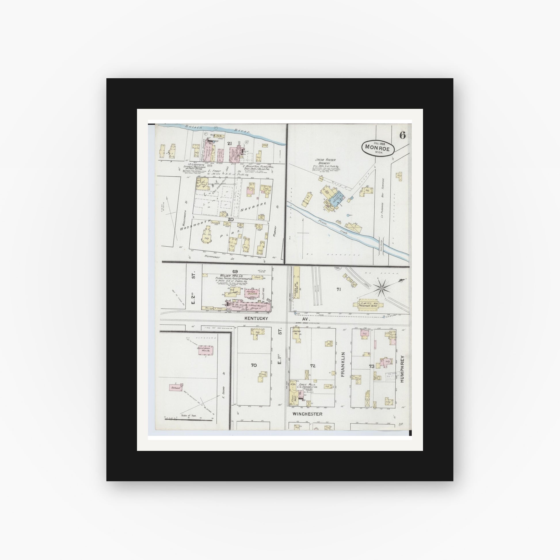 Old map wall art mockup — black gallery frame with white mat — Sanborn Fire Insurance Map from Monroe, Monroe County, Michigan (1888), Sheet #0006