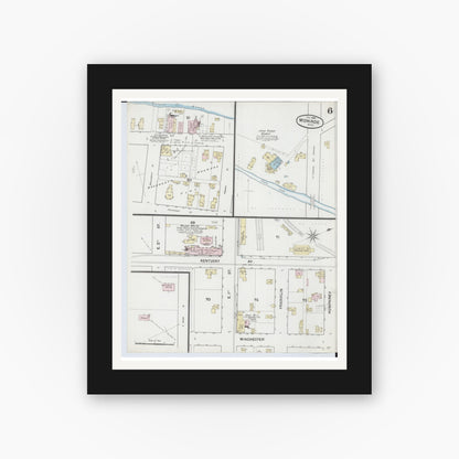 Old map wall art mockup — black gallery frame with white mat — Sanborn Fire Insurance Map from Monroe, Monroe County, Michigan (1888), Sheet #0006