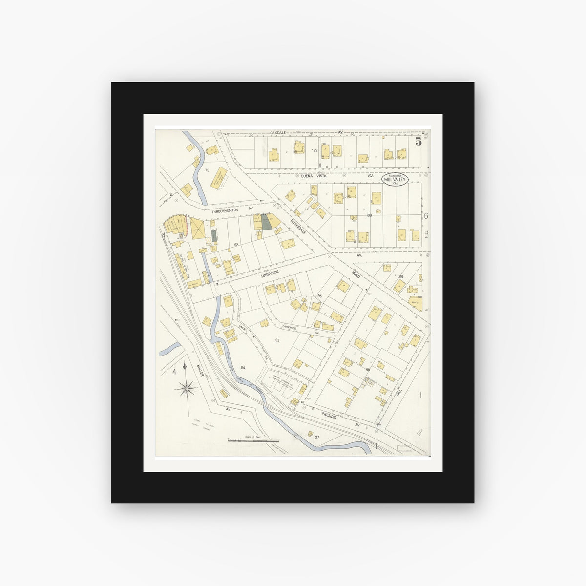 Old map wall art mockup — black gallery frame with white mat — Sanborn Fire Insurance Map from Mill Valley, Marin County, California (1908), Sheet #0005