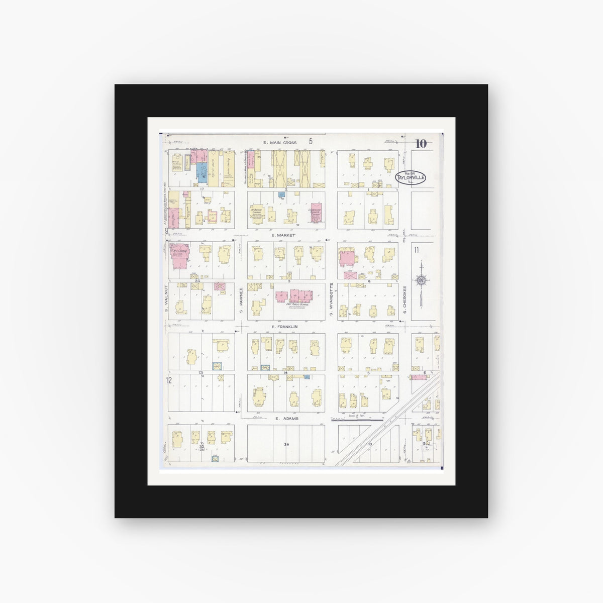 Old map wall art mockup — black gallery frame with white mat — Sanborn Fire Insurance Map from Taylorville, Christian County, Illinois (1914), Sheet #0010