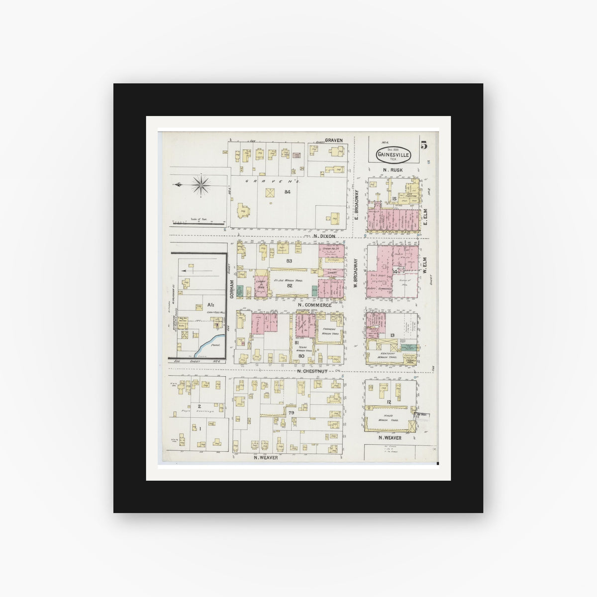 Old map wall art mockup — black gallery frame with white mat — Sanborn Fire Insurance Map from Gainesville, Cooke County, Texas (1888), Sheet #0005