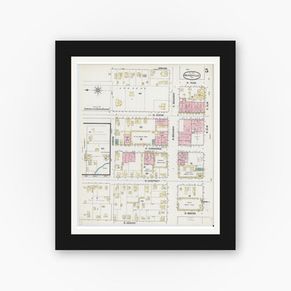 Old map wall art mockup — black gallery frame with white mat — Sanborn Fire Insurance Map from Gainesville, Cooke County, Texas (1888), Sheet #0005