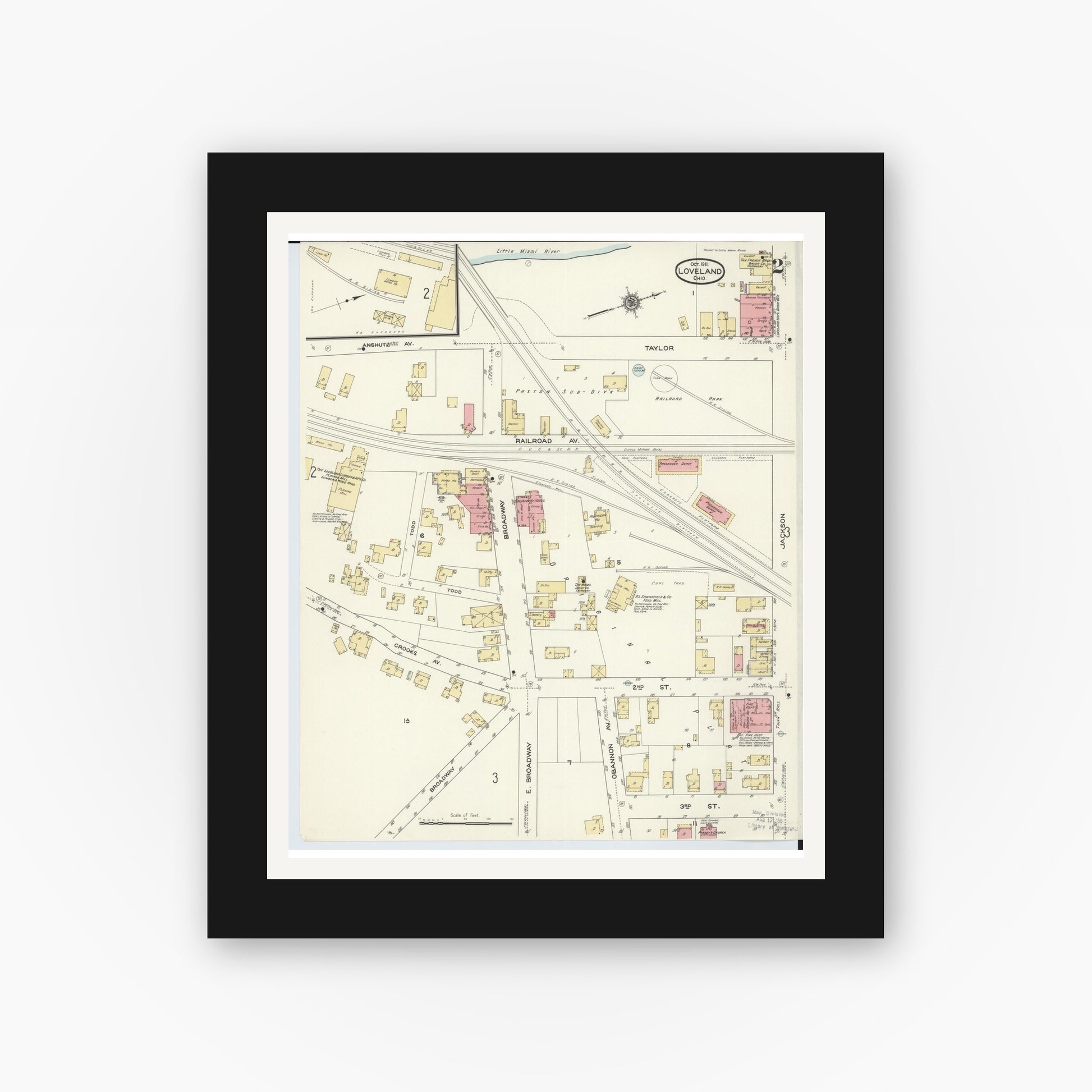 Old map wall art mockup — black gallery frame with white mat — Sanborn Fire Insurance Map from Loveland, Clermont, Hamilton, And Warren County, Ohio (1911), Sheet #0002