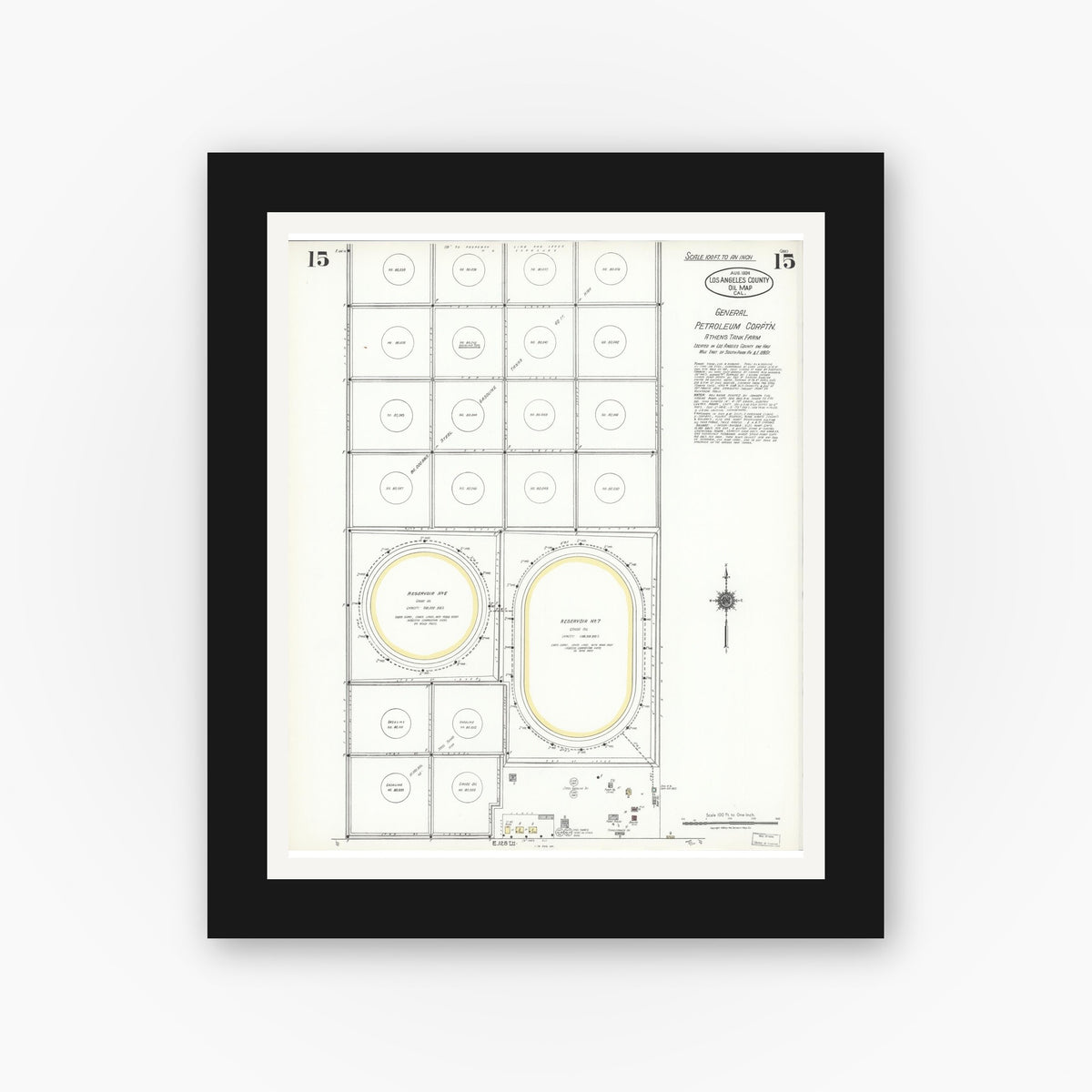 Old map wall art mockup — black gallery frame with white mat — Sanborn Fire Insurance Map from Los Angeles Co., Los Angeles County, California (1924), Sheet #0015