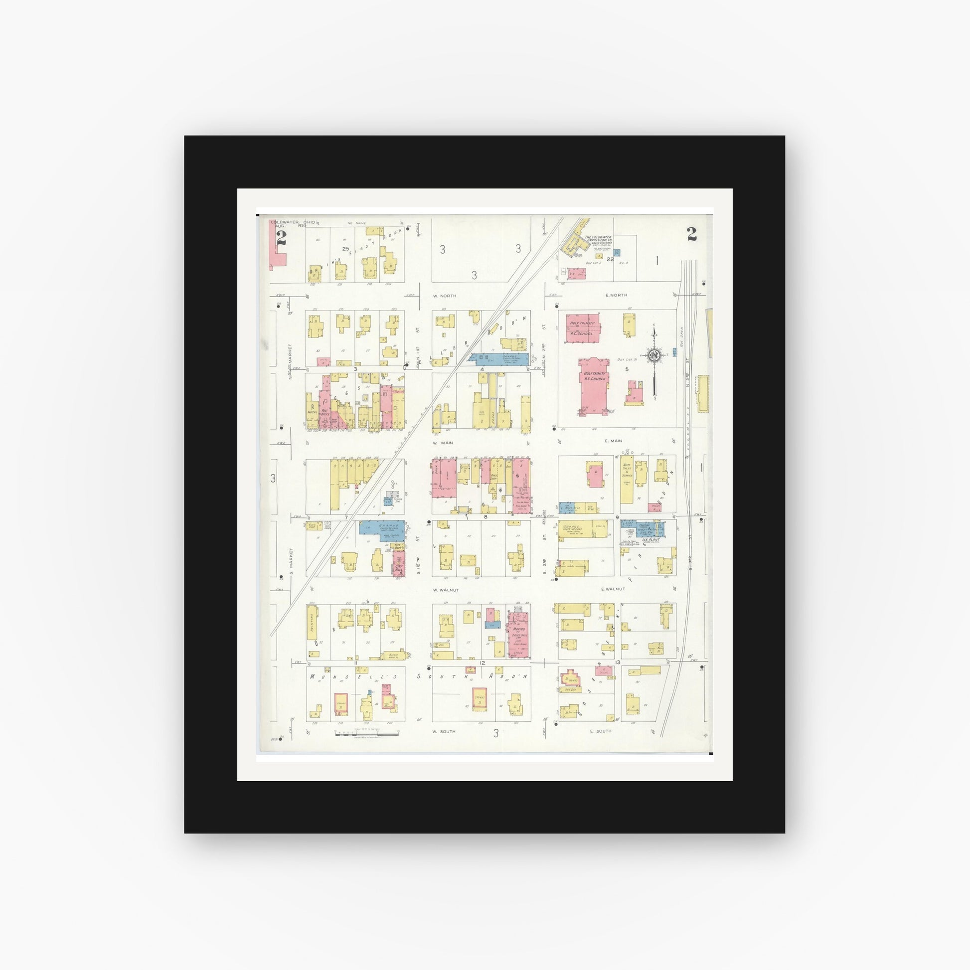 Old map wall art mockup — black gallery frame with white mat — Sanborn Fire Insurance Map from Cold Water, Mercer County, Ohio (1933), Sheet #0002