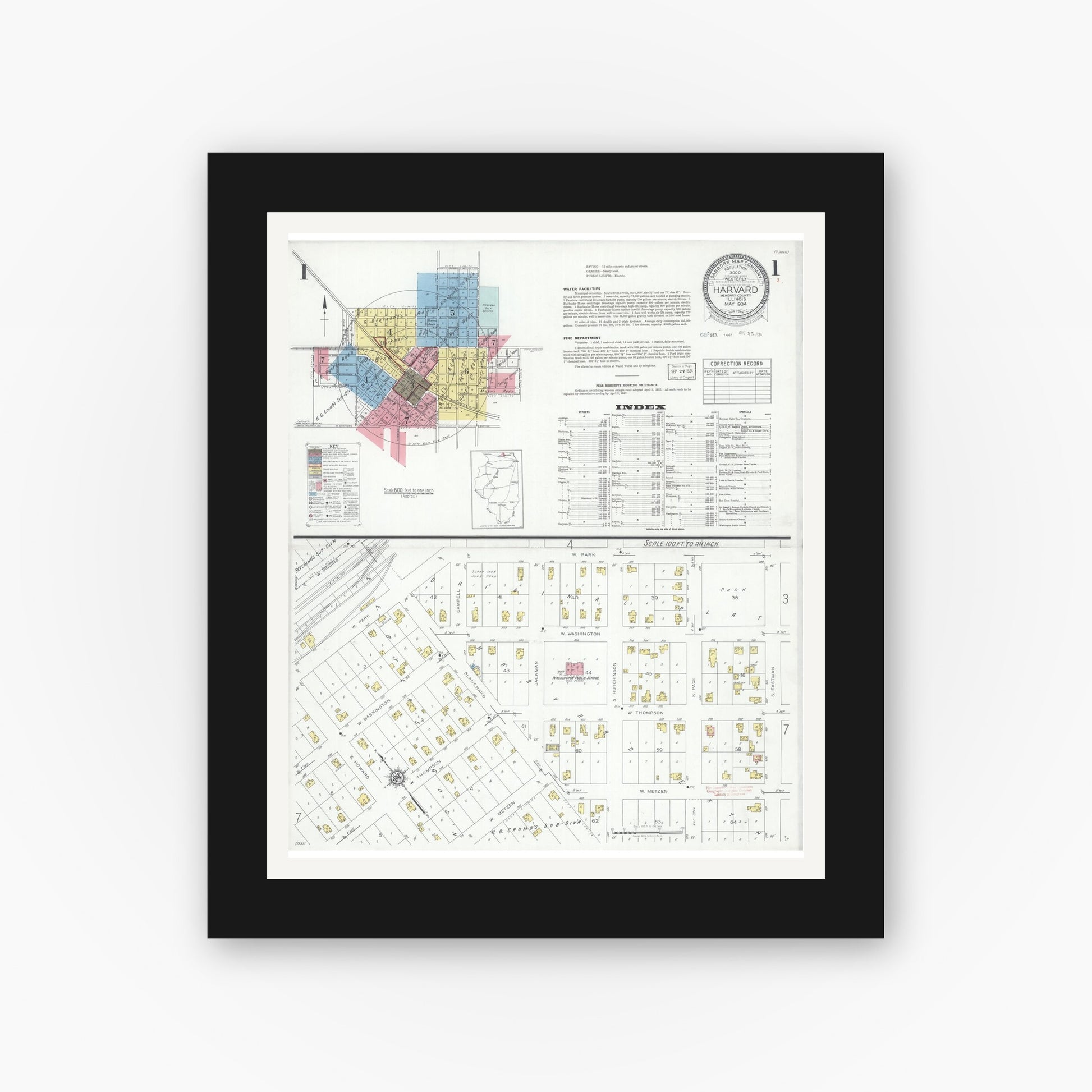 Old map wall art mockup — black gallery frame with white mat — Sanborn Fire Insurance Map from Harvard, McHenry County, Illinois (1934), Sheet #0001