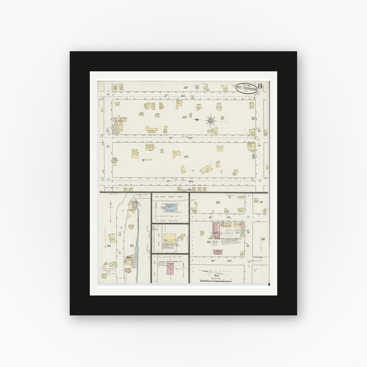 Old map wall art mockup — black gallery frame with white mat — Sanborn Fire Insurance Map from Mount Vernon, Westchester County, New York (1887), Sheet #0008