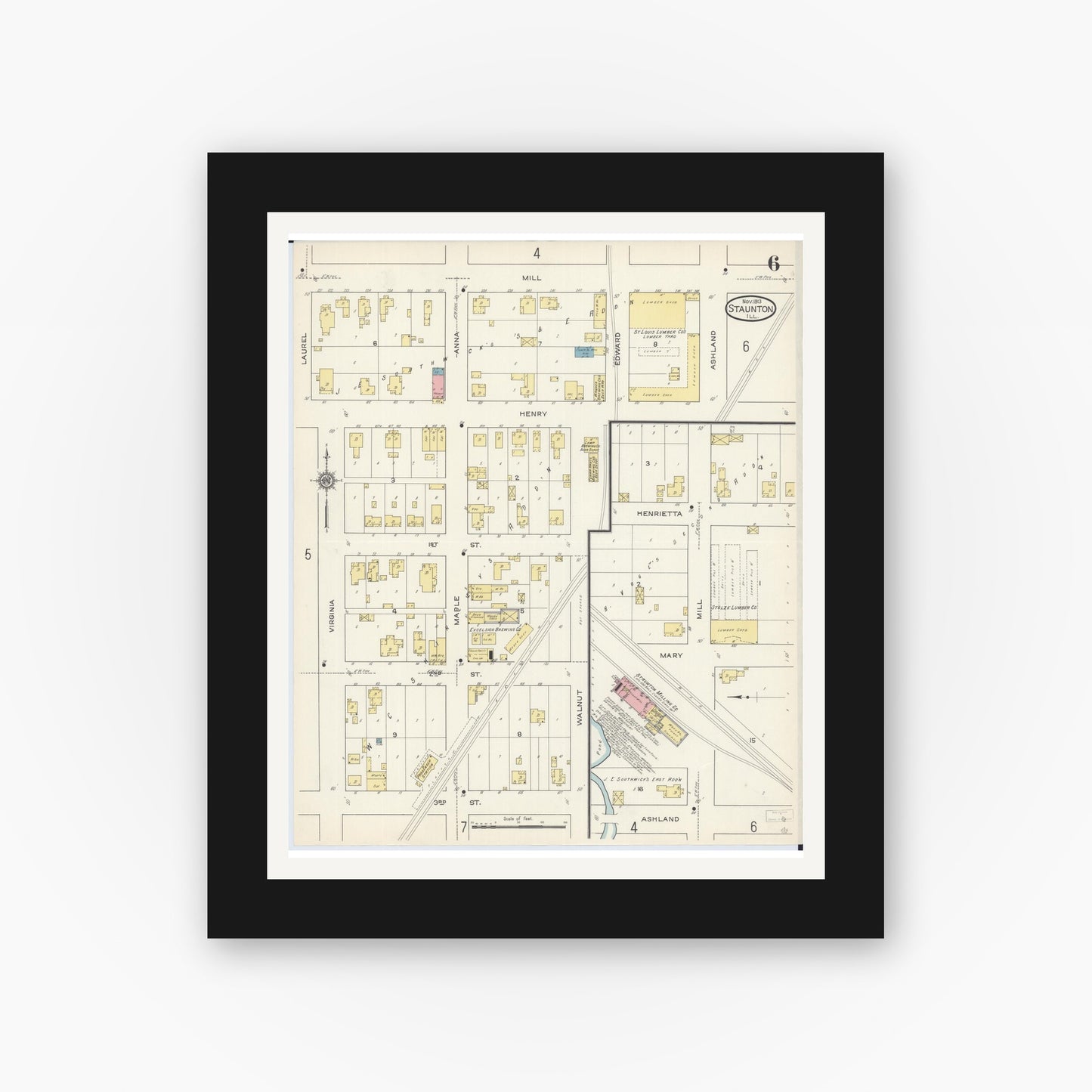 Old map wall art mockup — black gallery frame with white mat — Sanborn Fire Insurance Map from Staunton, Macoupin County, Illinois (1913), Sheet #0006